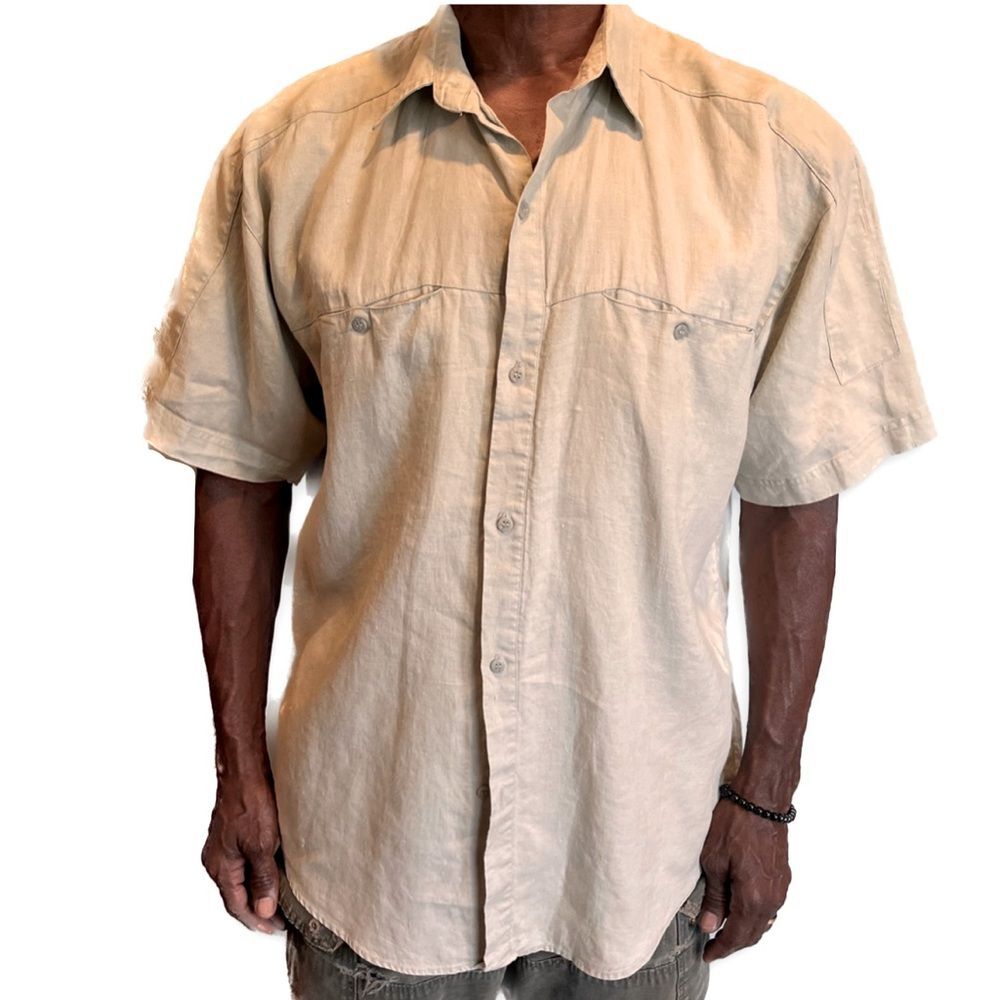 Vintage Goouch Men’s Linen Short Sleeve Beige Shirt Size Medium
